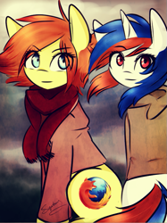 Size: 599x801 | Tagged: safe, artist:sugarberry, imported from derpibooru, oc, oc:firefox, oc:safari, earth pony, pony, unicorn, browser ponies, clothes, duo, firefox, ponified, safari, scarf