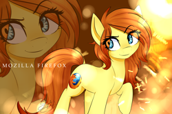 Size: 2200x1466 | Tagged: safe, artist:sugarberry, imported from derpibooru, pony, browser ponies, eye clipping through hair, eyebrows, eyebrows visible through hair, firefox, ponified, raised hoof, smiling, solo, text