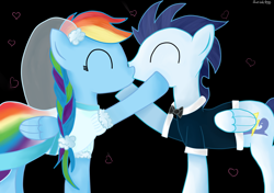 Size: 2048x1442 | Tagged: safe, artist:zuziak100, imported from derpibooru, rainbow dash, soarin', braid, clothes, dress, eyes closed, female, heart, kissing, male, marriage, shipping, soarindash, straight, suit, tuxedo, wedding, wedding dress