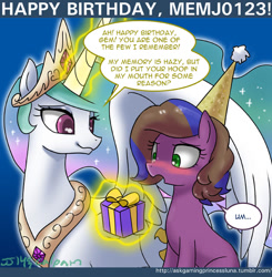 Size: 650x662 | Tagged: safe, artist:johnjoseco, imported from derpibooru, princess celestia, oc, oc:gem, ask gaming princess luna, birthday, blushing, levitation, magic, memj0123, present, tumblr