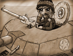 Size: 1650x1275 | Tagged: safe, artist:silentbutbeardly, imported from derpibooru, granny smith, earth pony, pony, bandana, cigar, clothes, female, gun, helmet, machine gun, monochrome, old photo, solo, tank (vehicle), uniform, young granny smith