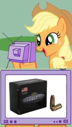 Size: 565x989 | Tagged: safe, imported from derpibooru, applejack, bullet, exploitable, exploitable meme, meme, obligatory pony, tv meme