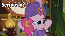 Size: 672x378 | Tagged: safe, imported from derpibooru, pinkie pie, female, image macro, lamp, madame pinkie, meme, solo, turban