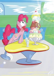 Size: 1518x2150 | Tagged: safe, artist:s4vin, imported from derpibooru, pinkie pie, eyes on the prize, female, food, ice cream, solo, sundae, table, this will end in weight gain