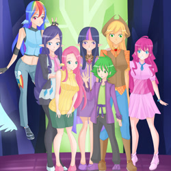 Size: 1500x1492 | Tagged: safe, artist:jonfawkes, imported from derpibooru, applejack, fluttershy, pinkie pie, rainbow dash, rarity, spike, twilight sparkle, human, twilight's kingdom, belly button, clothes, dress, elf ears, humanized, mane seven, mane six, midriff, scene interpretation, skirt, sleeveless turtleneck, sweater, sweatershy, twilight sparkle (alicorn), unicorns as elves, wing ears