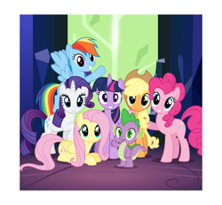 Size: 8645x8000 | Tagged: dead source, safe, artist:parclytaxel, imported from derpibooru, applejack, fluttershy, pinkie pie, rainbow dash, rarity, spike, tree of harmony, twilight sparkle, alicorn, pony, twilight's kingdom, .svg available, absurd resolution, crystal, door, female, flying, grin, group shot, let the rainbow remind you, looking at you, mane seven, mane six, mare, polaroid, prone, raised hoof, smiling, song, spread wings, twilight sparkle (alicorn), twilight's castle, vector, waving