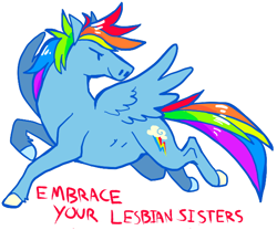 Size: 600x500 | Tagged: safe, artist:jester, imported from derpibooru, rainbow dash, drama, female, feminism, flying, glare, lesbian, mouthpiece, smiling, solo, spread wings, tumblr, unshorn fetlocks