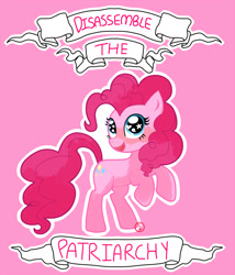 Size: 900x1051 | Tagged: safe, artist:theskiesfalling, imported from derpibooru, pinkie pie, dissonant caption, drama, female, feminism, mouthpiece, old banner, patriarchy, satire, smiling, solo, subversive kawaii, text, tumblr