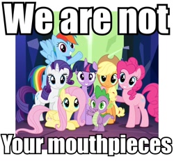 Size: 960x888 | Tagged: safe, imported from derpibooru, screencap, applejack, fluttershy, pinkie pie, rainbow dash, rarity, spike, twilight sparkle, alicorn, pony, twilight's kingdom, female, image macro, irony, mare, meme, mouthpiece, twilight sparkle (alicorn)