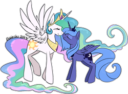 Size: 952x697 | Tagged: safe, artist:ambunny, imported from derpibooru, princess celestia, princess luna, blushing, boop, eyes closed, happy, missing accessory, noseboop, nuzzling, s1 luna, simple background, smiling, spread wings