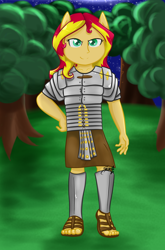 Size: 1024x1553 | Tagged: safe, artist:midnightpremiere, imported from derpibooru, sunset shimmer, anthro, equestria girls, armor, female, forest, legionary, roman, solo