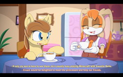 Size: 1280x800 | Tagged: safe, artist:fuzon-s, imported from derpibooru, oc, oc:cream heart, anime, crossover, smiling, sonic the hedgehog (series), subtitles, table, tea, teacup, vanilla the rabbit