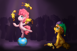 Size: 1256x841 | Tagged: safe, artist:28gooddays, imported from derpibooru, boneless, cheese sandwich, pinkie pie, earth pony, pony, balancing, ball, colt, duo male and female, female, filly, filly pinkie pie, glasses, juggling, male, rubber chicken, young, younger