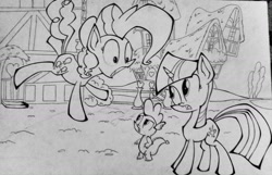 Size: 1996x1284 | Tagged: safe, artist:pelate, imported from derpibooru, pinkie pie, spike, twilight sparkle, friendship is magic, grayscale, lineart, monochrome, pinkie pie and twilight sparkle first meeting, scene interpretation, traditional art, wip