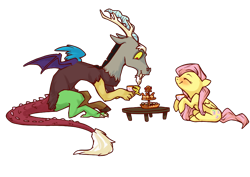 Size: 900x636 | Tagged: safe, artist:pastelpallette, imported from derpibooru, discord, fluttershy, cake, discoshy, female, male, shipping, straight, tea, tea party, teacup