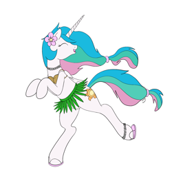 Size: 1500x1500 | Tagged: safe, artist:silver1kunai, imported from derpibooru, princess celestia, pony, bipedal, clothes, coconut bikini, cute, cutelestia, female, grass skirt, hawaiian flower in hair, hula, sandals, skirt, solo