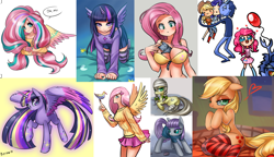 Size: 2826x1628 | Tagged: safe, artist:racoonsan, imported from derpibooru, applejack, discord, fluttershy, maud pie, pinkie pie, twilight sparkle, human, adventure time, big breasts, breasts, busty fluttershy, clothes, collage, female, humanized, rainbow power, socks, striped socks, twilight sparkle (alicorn)