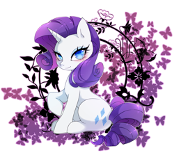 Size: 1000x879 | Tagged: safe, artist:zakro, imported from derpibooru, rarity, butterfly, pony, unicorn, blushing, female, flower, looking at you, mare, pixiv, pretty, raised hoof, sitting, smiling, solo