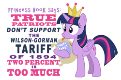 Size: 900x599 | Tagged: safe, artist:pixelkitties, imported from derpibooru, twilight sparkle, alicorn, pony, :p, crown, female, food, hoof hold, jewelry, mare, mouthpiece, parody, pink text, politics, regalia, sack, silly, simple background, solo, sugar (food), sugar trust, text, tongue out, transparent background, twilight sparkle (alicorn), wat, wide eyes