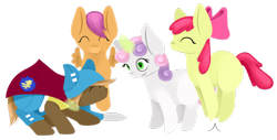 Size: 1256x636 | Tagged: safe, artist:lucky-jacky, imported from derpibooru, apple bloom, scootaloo, sweetie belle, clothes, crossover, cutie mark crusaders, jumping, magic, wakfu, wakfu: the animated series, yugo