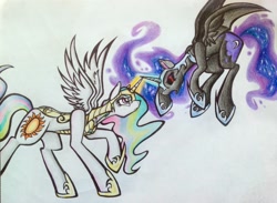 Size: 1982x1449 | Tagged: safe, artist:technicolor-confetti, imported from derpibooru, nightmare moon, princess celestia, angry, armor, eye contact, magic, spread wings, traditional art, warrior celestia