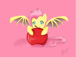 Size: 1024x760 | Tagged: safe, artist:emma-leejane, imported from derpibooru, fluttershy, apple, female, flutterbat, solo, species swap