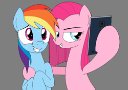 Size: 707x494 | Tagged: safe, artist:hyolark, imported from derpibooru, pinkie pie, rainbow dash, earth pony, pegasus, pony, camera, cellphone, hoof around neck, hoof hold, phone, pinkamena diane pie, selfie, side hug, smartphone, smiling, smirk, sweat