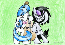 Size: 860x602 | Tagged: safe, artist:pandan009, imported from derpibooru, dj pon-3, octavia melody, vinyl scratch, accessory swap, alternate hairstyle, cello, musical instrument, rocktavia, vinyl class