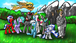 Size: 1920x1080 | Tagged: safe, artist:crestfallencelestia, imported from derpibooru, flitter, princess celestia, oc, oc:anima, oc:emperor botz, oc:fireruby, oc:onyx firedraft, oc:spirit glider, oc:vac, oc:wester, alicorn, cat, human, pony, alicorn oc