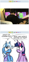 Size: 256x549 | Tagged: safe, imported from derpibooru, trixie, twilight sparkle, alicorn, pony, derpibooru, computer, exploitable meme, fake juxtaposition win, female, juxtaposition, juxtaposition win, mare, markiplier, meme, meta, twilight sparkle (alicorn)