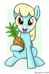 Size: 833x1251 | Tagged: safe, artist:bluemeganium, imported from derpibooru, sassaflash, pegasus, pony, trade ya, dexterous hooves, ear fluff, female, food, happy, looking at you, mare, open mouth, pineapple, shadow, sitting, solo, that pony sure does love pineapples