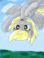 Size: 1200x1600 | Tagged: safe, artist:irregular-entity, imported from derpibooru, derpy hooves, pegasus, pony, cloud, cloudy, female, flying, mare, solo, upside down