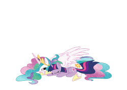 Size: 900x637 | Tagged: safe, artist:mikk-i, artist:skutchi, imported from derpibooru, princess celestia, twilight sparkle, alicorn, pony, unicorn, colored, cute, female, lesbian, mare, shipping, show accurate, simple background, sleeping, transparent background, twilestia, unicorn twilight