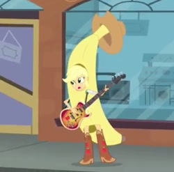 Size: 304x300 | Tagged: safe, imported from derpibooru, screencap, applejack, a case for the bass, equestria girls, rainbow rocks, banana suit, bananajack, bass guitar, female, musical instrument, solo