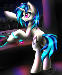 Size: 2366x2863 | Tagged: safe, artist:artyjoyful, imported from derpibooru, dj pon-3, vinyl scratch, pony, bipedal, glowstick, turntable