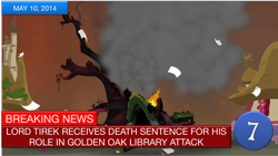 Size: 1510x849 | Tagged: safe, edit, imported from derpibooru, screencap, lord tirek, twilight's kingdom, breaking news, destroyed, fire, golden oaks library, justice, news, smoke, television