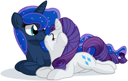 Size: 2762x1759 | Tagged: safe, artist:furrgroup, imported from derpibooru, princess luna, rarity, alicorn, pony, unicorn, boop, cute, female, lesbian, noseboop, nuzzling, prone, rariluna, shipping, smiling