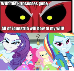 Size: 510x492 | Tagged: safe, edit, edited screencap, imported from derpibooru, screencap, applejack, fluttershy, lord tirek, pinkie pie, rainbow dash, rarity, a case for the bass, equestria girls, rainbow rocks, caption, exploitable meme, humane five, meme, ponied up, text, tirek vs everyone meme