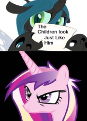 Size: 482x669 | Tagged: safe, imported from derpibooru, princess cadance, queen chrysalis, shining armor, chrysalis' note, infidelity, infidelity armor, sign