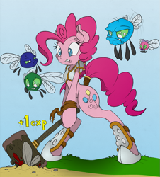 Size: 905x1000 | Tagged: safe, artist:dfectivedvice, artist:shawnyall, imported from derpibooru, pinkie pie, parasprite, pony, semi-anthro, bipedal, bottomless, clothes, colored, fantasy class, hammer, murder, rpg, tail wrap