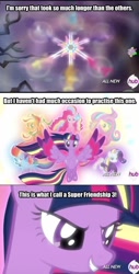 Size: 450x888 | Tagged: safe, imported from derpibooru, screencap, applejack, fluttershy, pinkie pie, rainbow dash, rarity, twilight sparkle, alicorn, pony, twilight's kingdom, dragon ball, dragon ball z, female, hub logo, image macro, mane six, mare, meme, mystery box of plot importance, rainbow power, super friendship 3, super saiyan, super saiyan 3, super saiyan princess, twilight sparkle (alicorn)