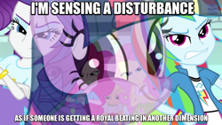 Size: 902x508 | Tagged: safe, edit, edited screencap, imported from derpibooru, screencap, applejack, fluttershy, pinkie pie, rainbow dash, rarity, a case for the bass, equestria girls, rainbow rocks, caption, female, image macro, meme, text, twiface, wrong neighborhood