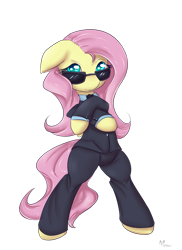 Size: 1000x1375 | Tagged: safe, artist:alasou, imported from derpibooru, fluttershy, pony, bipedal, clothes, female, solo, suit, sunglasses