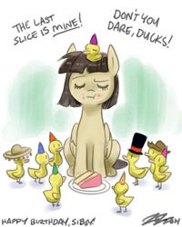 Size: 700x875 | Tagged: safe, artist:johnjoseco, imported from derpibooru, wild fire, duck, birthday, cake, duckling, eating, eyes closed, hat, messy eating, party hat, sibsy, sombrero, top hat