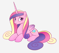 Size: 1083x967 | Tagged: safe, artist:mn27, imported from derpibooru, princess cadance, pony, female, frown, looking at you, missing accessory, princess sadance, prone, sad, solo