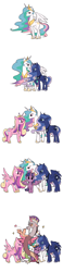 Size: 700x3000 | Tagged: safe, artist:raichi, imported from derpibooru, discord, princess cadance, princess celestia, princess luna, twilight sparkle, alicorn, pony, alicorn tetrarchy, angry, blowing a kiss, blush sticker, blushing, crown, discord being discord, discorn, female, grin, heart, interrupted, jewelry, looking at you, mare, narrowed eyes, open mouth, princess discord, raised eyebrow, simple background, smiling, twilight sparkle (alicorn), unamused, white background