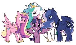 Size: 700x421 | Tagged: safe, artist:raichi, imported from derpibooru, princess cadance, princess celestia, princess luna, twilight sparkle, alicorn, pony, alicorn tetrarchy, cropped, female, mare, simple background, twilight sparkle (alicorn)