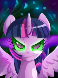 Size: 1500x2000 | Tagged: safe, artist:kyodashiro, imported from derpibooru, twilight sparkle, alicorn, pony, bust, corrupted, corrupted twilight sparkle, dark magic, female, magic, mare, solo, sombra eyes, spread wings, twilight sparkle (alicorn), tyrant sparkle, wings