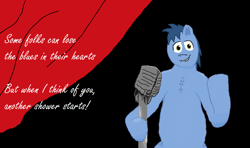 Size: 1690x1002 | Tagged: safe, artist:lupin quill, imported from derpibooru, blues, noteworthy, 1000 hours in ms paint, anarchist, anarchy, chest fluff, curtain, curtains, male, microphone, ms paint, solo, song reference, the ink spots