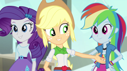 Size: 1366x768 | Tagged: safe, imported from derpibooru, screencap, applejack, rainbow dash, rarity, a case for the bass, equestria girls, rainbow rocks, female, grin, smiling